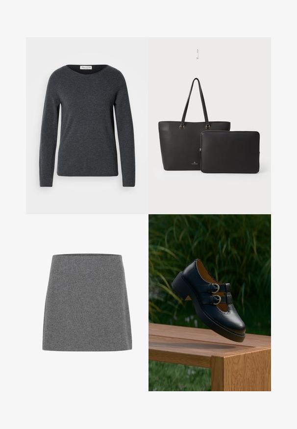 Pull gris foncé à manches longues avec un col rond, fait de tissu doux. Présente une texture lisse et une coupe régulière. Étiquette de la marque visible.; Une mini-jupe en feutre gris avec une coupe droite et une texture lisse, dotée d'une large ceinture et sans coutures ni embellissements visibles.; Chaussure noire en cuir à double boucle avec des détails perforés flottant au-dessus d'un banc en bois à l'extérieur avec de l'herbe verte et des plantes en arrière-plan.; Sac fourre-tout en cuir noir avec de longues poignées, présentant une finition texturée et des accents dorés. Comprend une pochette zippée noire assortie.