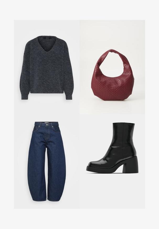 Mørkegrå strikket sweater med V-udskæring, brede ærmer og en blød tekstur, der har en let oversized, boxy pasform.; Mørkeblå denimjeans med en bred, afslappet pasform. Har lynlås, fire lommer og kontrastsyet syning langs sømmene.; Sorte ankelstøvler med en blank finish, firkantet tå og en tyk blokhæl. Designet har en strømlinet silhuet og minimal branding.; Vævet bordeaux håndtaske med en rund silhuet, et enkelt håndtag og en tekstureret overflade. Lynlåslukning øverst.