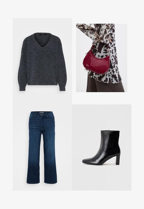 Suéter de punto gris oscuro con escote en V, mangas anchas y una textura suave, que cuenta con un ajuste ligeramente holgado y cuadrado.; ONLY Petite ONLMADISON BLUSH WIDE - Pernera ancha - dark blue denim; Botín negro de tobillo hecho de cuero brillante, con punta afilada y un tacón de bloque medio, con una textura suave y un diseño sencillo.; Mujer con blusa de estampado en blanco y negro sosteniendo un bolso de hombro rojo brillante sobre un fondo liso.
