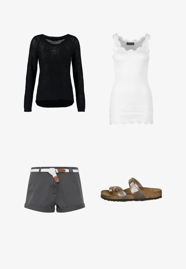 Zwarte gebreide trui met lange mouwen, brede halslijn en een gestructureerd patroon. De afgeronde zoom is aan de achterkant langer dan aan de voorkant.; Witte geribbelde tanktop met kantafwerking bij de hals en onderrand. Heeft een aangesloten pasvorm en een zachte textuur. Merklabelf zichtbaar aan de bovenkant.; Grijze katoenen shorts met opgerolde omslagen, voorzien van een witte gevlochten riem en bruine leren accenten. Stikdetails zijn zichtbaar op de stof.; Birkenstock MAYARI BF GRACEFUL TAUPES NARROW - Sandalen - graceful taupe