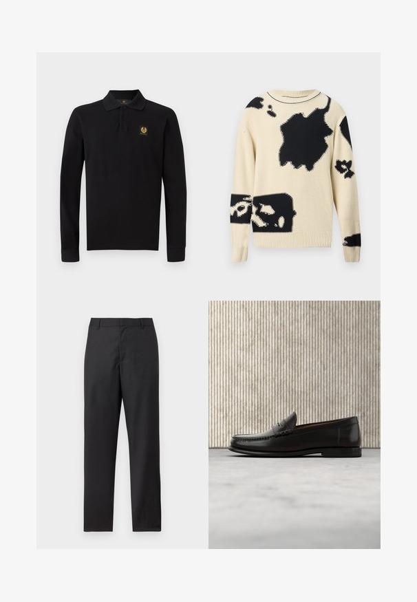 Langærmet cremefarvet striktrøje med uregelmæssige store sorte abstrakte pletter fordelt på fronten og ærmerne.; Sort langærmet polo-shirt lavet af bomuld. Har en klassisk krave, tre-knaps placket og et gyldent emblem på venstre bryst.; Sorte formelle bukser med lige ben, bæltestropper og skjult lukning foran, vist mod en hvid baggrund.; Sort læder penny loafer med lav hæl, rundet tå og syningsdetaljer langs fronten og siderne, vist på neutral baggrund.