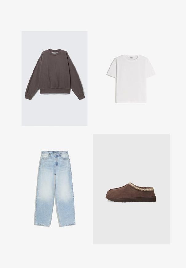Sweatshirt gris avec un col rond, des épaules tombantes et des poignets côtelés. Fabriqué à partir d'un matériau doux, il présente une coupe décontractée et des coutures subtiles.; T-shirt en coton blanc avec un col rond et des manches courtes. Présente une coupe classique et carrée, sans motifs ni accents visibles.; Jeans bleu clair taille haute à jambes droites avec poches avant, fermeture par bouton, et détails délavés sur les cuisses et les genoux.; UGG TASMAN II - Chaussons - dusted cocoa / dusted cocoa