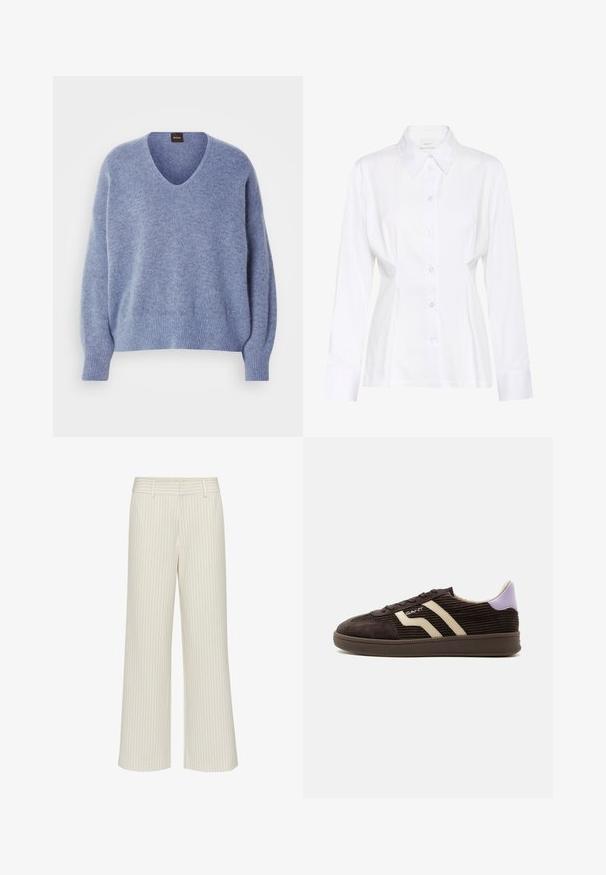 Suéter de punto azul claro con escote en V, hombros caídos y puños y dobladillo acanalados. Textura suave, diseñado para un ajuste relajado.; Blusa blanca de manga larga con botones, cuello puntiagudo, cintura ajustada y etiqueta visible de la marca "Gestuz" en el interior del cuello.; Pantalones de pierna ancha en tela color crema con sutiles rayas verticales, con cintura plana y lazos para cinturón. Textura suave sin bolsillos.; Zapatilla de pana marrón oscuro con rayas laterales beige, diseño con cordones, lengüeta morada en el talón y suela de goma sobre fondo blanco.