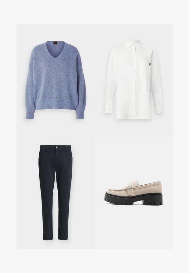 Suéter de punto azul claro con escote en V, hombros caídos y puños y dobladillo acanalados. Textura suave, diseñado para un ajuste relajado.; Camisa blanca de manga larga hecha de una mezcla de algodón, con cuello abotonado, bolsillo frontal y un pequeño logo negro en el pecho.; Pantalones casual ajustados de hombre en azul marino oscuro con cierre de botón y trabillas para cinturón, exhibidos sobre un fondo liso gris claro.; Mocasín de ante beige con hebilla plateada y suela negra gruesa y gruesa, vista lateral sobre fondo blanco.