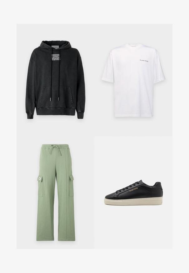 Iceberg Mikina s kapucňou - nero; Biela krátka rukávová tričko vyrobené z bavlny s výstrihom do V, s čiernym logom "FILLING PIECES" potlačeným na ľavej strane.; Svetlozelené cargo nohavice vyrobené z bavlnenej zmesi; obsahujú elastický pás, šnúrku, široké nohavice a dve bočné vrecká so záklopkami.; Čierne kožené tenisky s hladkým povrchom, kontrastnou krémovou podrážkou, zaoblenou špičkou, zlatým logom na boku a šiestimi dierkami na šnúrky.