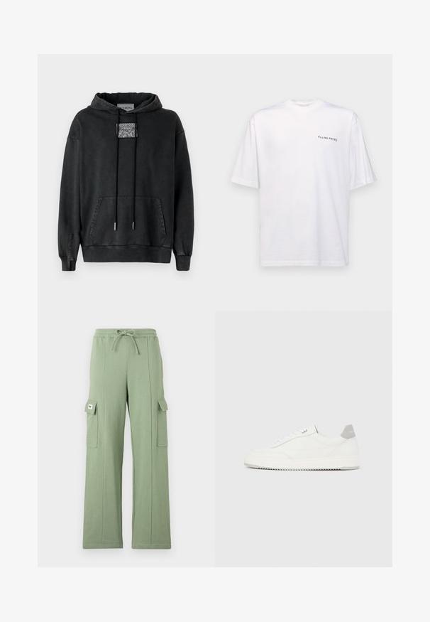 Iceberg Mikina s kapucňou - nero; Biela krátka rukávová tričko vyrobené z bavlny s výstrihom do V, s čiernym logom "FILLING PIECES" potlačeným na ľavej strane.; Svetlozelené cargo nohavice vyrobené z bavlnenej zmesi; obsahujú elastický pás, šnúrku, široké nohavice a dve bočné vrecká so záklopkami.; Biela nízka teniska so sivým pätovým pásikom, bielymi šnúrkami a členitou podrážkou, zobrazená na jednoduchom svetlom pozadí.