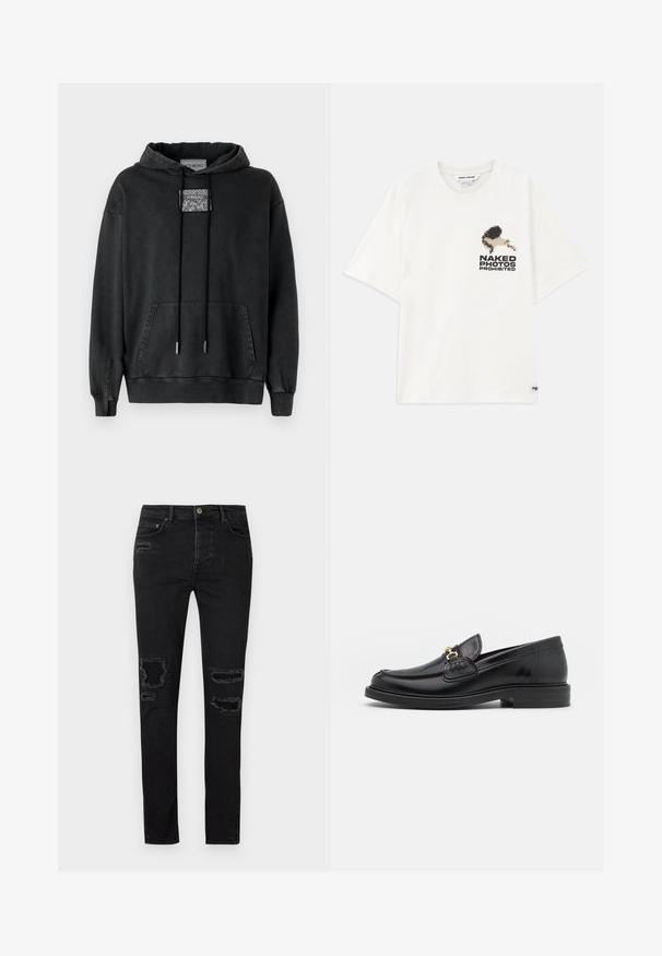 Iceberg Kapuzenpullover - nero; Weißes Baumwoll-T-Shirt mit einem pixelierten Grafik eines Charakters und dem Text "NAKED PHOTOS PROHIBITED" auf der linken Seite. Kurze Ärmel.; Schwarze Jeans aus Denim mit schlanker Passform, die an den Knien ausgefranste Risse, tonale Nähte und einen klassischen Knopf- und Reißverschluss haben.; Schwarze Lederleter mit einer abgerundeten Zehenpartie, ausgestattet mit goldenen Hardwareakzenten und Stichdetails, auf einer niedrigen, strukturierten Gummisohle.