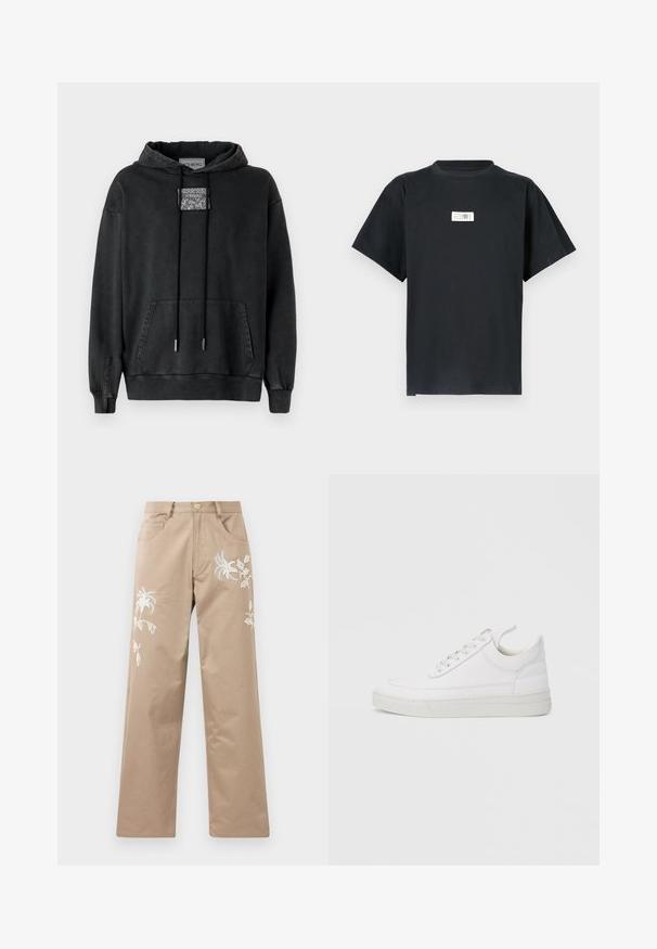 Iceberg Hættetrøje - nero; Sort bomuld T-shirt med rund halsudskæring, korte ærmer og en rektangulær hvid label på brystet med tekst og tal.; Beige bomuldsbukser med lige ben, der har hvid blomsterbroderi foran og almindelige lommer.; Hvid lædersneaker med rundet tå, flad sål og snørebånd foran. Har syningsdetaljer og polstret krave for komfort.