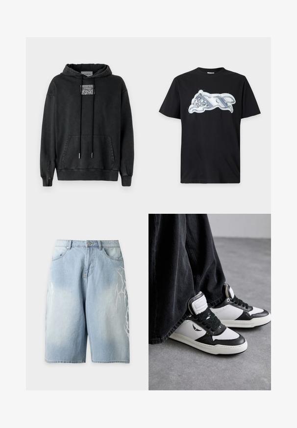Iceberg Hoodie - nero; Zwarte T-shirt met korte mouwen met een glanzende zilveren metalen afbeelding van een rennend dier op de borst.; Lichtblauwe denim shorts met een losse pasvorm, voorzakken, riemlussen en witte vlammenpatroon details aan beide zijden.; Zwart-witte hoge sneakers met een gestructureerde zwarte vetersluiting, gemaakt van leer en synthetisch materiaal, met een logo aan de zijkant.