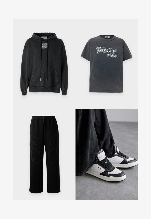 Iceberg Jersey con capucha - nero; Camiseta de manga corta gris oscuro con texto estilizado blanco "Versace Jeans Couture" en el pecho y cuello redondo.; Pantalones de chándal negros con corte relajado, que presentan patrones de costura en espiral intrincados a lo largo de los laterales y una cintura elástica con cordón ajustable.; Zapatillas altas en blanco y negro con un detalle de cordón negro texturizado, material de cuero y sintético, con un logo en el lado.
