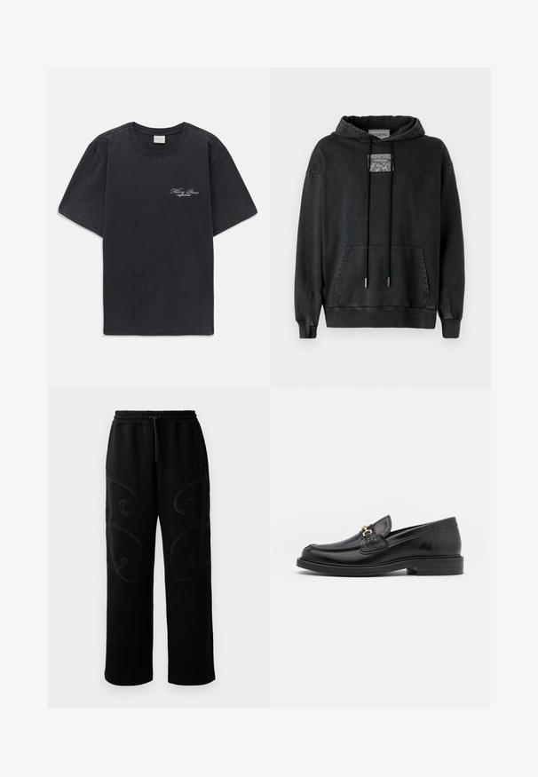 Iceberg Jersey con capucha - nero; Camisa de tirantes negra con cuello redondo y logo pequeño en blanco de "Filling Pieces" en el lado izquierdo del pecho.; Pantalones de chándal negros con corte relajado, que presentan patrones de costura en espiral intrincados a lo largo de los laterales y una cintura elástica con cordón ajustable.; Mocasines de cuero negro con punta redondeada, que cuentan con un detalle de herrajes dorados y costuras, situados sobre una suela de goma texturizada y baja.