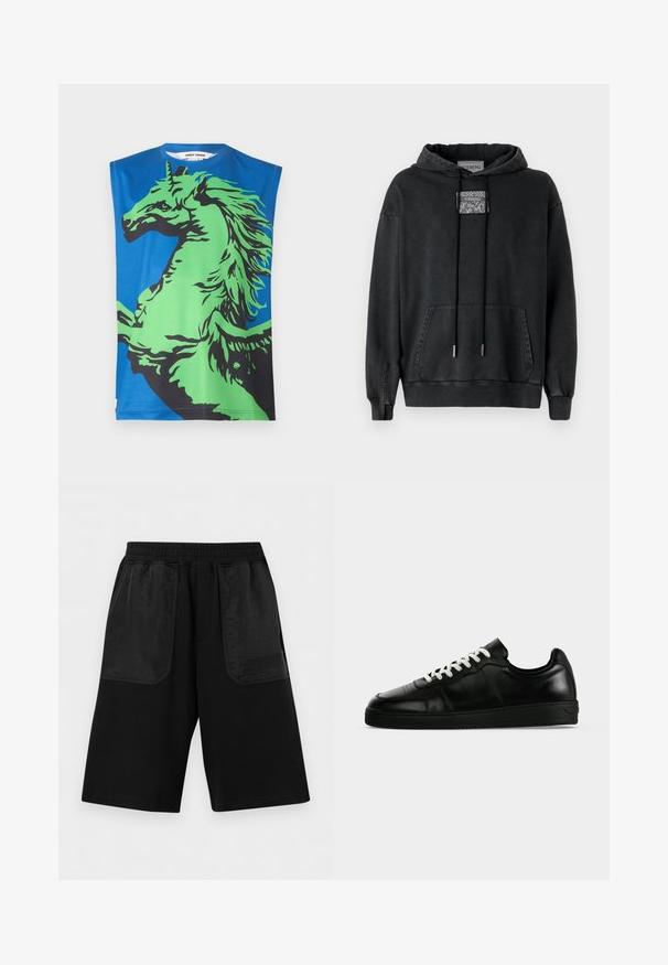 Iceberg Kapuzenpullover - nero; Ärmelloses T-Shirt mit blauem Hintergrund und einem großen grünen und schwarzen Einhornmotiv. Hergestellt aus glattem Stoff mit Rundhalsausschnitt.; Schwarze knielange Shorts mit elastischem Bund und zwei großen vorderen Nylon-Taschen, mit dezentem Versace Jeans Couture Logo auf der rechten Tasche.; Schwarzer, niedriger Ledersneaker mit weißen Schnürsenkeln, flacher schwarzer Sohle und dezenten Nahtdetails, seitlich auf grauem Hintergrund dargestellt.