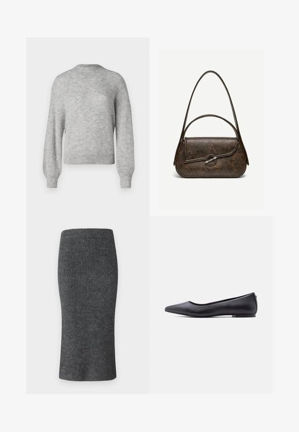 Lys grå strikket sweater lavet af blødt stof, med en rund halsudskæring og lange, let pufede ærmer med ribbede kanter.; Grå ribbet blyantskørt med en tætsiddende facon, høj talje og glat tekstur. Designet til en strømlinet silhuet.; Sort flad lædersko med spidst tåparti og lav hæl, vist i sideprofil mod en hvid baggrund.; Mørkebrun tekstureret læderhåndtaske med to stropper, afrundet rektangulær form og sølvfarvet cirkulært låsespænde på frontklap.