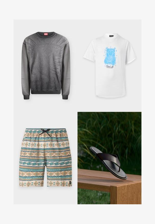 Sweat-shirt Diesel gris foncé avec un graphisme en relief d'une coiffe amérindienne et poignets et ourlet côtelés.; T-shirt blanc à manches courtes avec un ours en peluche style croquis bleu et texte noir "Closure Lan" sur le devant.; Short de bain homme mi-long avec motifs tribaux et vagues en bleu sarcelle, beige et crème, doté d’une taille élastique avec un cordon noir.; Sandale en cuir noir flottant au-dessus d’un banc en bois avec un feuillage vert en arrière-plan flou.