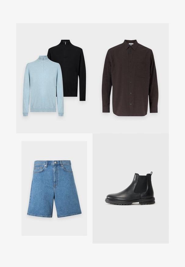 Twee lange mouwen halveziptruien, één lichtblauw aan de voorkant en één zwart aan de achterkant, weergegeven op een effen lichte achtergrond.; Bruine geblokte button-up shirt met lange mouwen, zwarte knopen, één borstzak en een gladde stoftextuur.; Blauwe denim shorts met hoge taille, vooraan knoop- en ritssluiting, riemlussen, en voor- en muntzakken.; Zwarte leren Chelsea-boot met elastische zijpanelen, trekhaak, afgeronde neus en robuuste zool met gripgroeven.