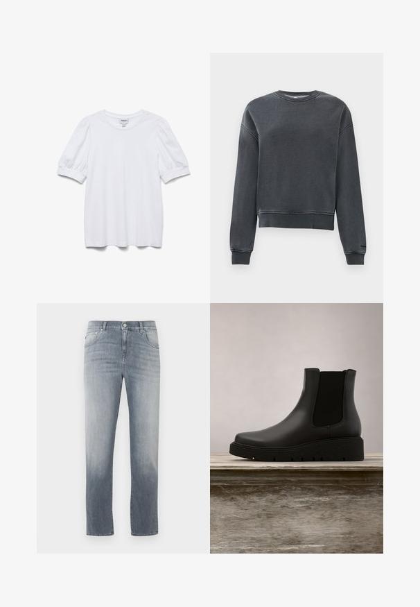 Sudadera de mezcla de algodón, color carbón, con cuello redondo, mangas largas, puños y dobladillo acanalados, diseño ligeramente corto, tejido texturizado.; Top blanco de manga corta con cuello redondo y mangas abullonadas. Hecho de una tela suave, presenta una etiqueta con la frase "AWARE".; Vaqueros de mezclilla azul claro con corte recto. Presentan un diseño clásico de cinco bolsillos y detalles de costuras en contraste.; Botas de tobillo negras con un acabado de cuero liso, paneles laterales elásticos y suelas de goma texturizada, presentadas sobre una superficie de madera.