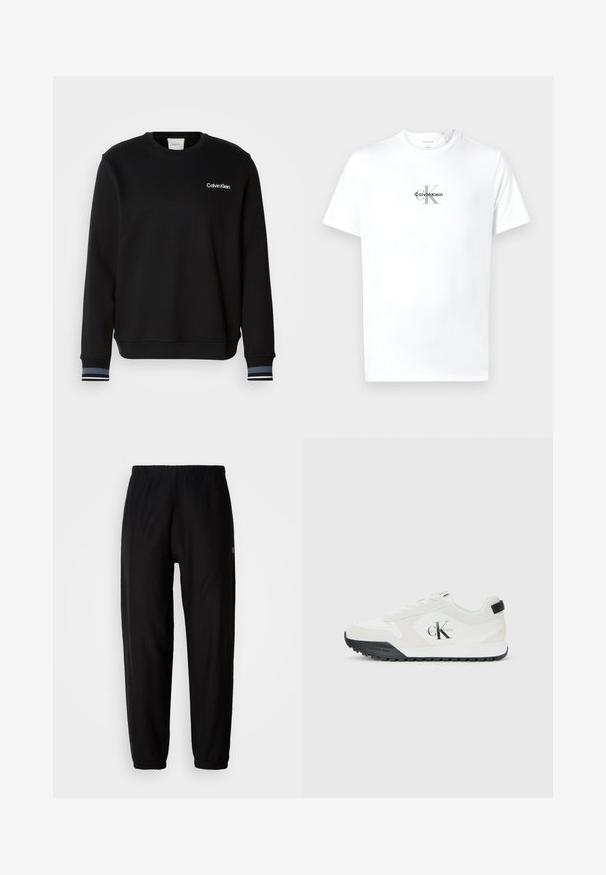 Sudadera negra hecha de una mezcla de algodón, con cuello redondo, mangas largas y puños a rayas de contraste. Logo exhibido en el pecho.; Camiseta de cuello redondo de manga corta blanca con el logotipo "cK Calvin Klein" impreso en negro y gris centrado en el pecho.; Pantalones de chándal negros con cintura elástica, piernas ajustadas y dobladillos. Textura de tela suave. Detalle del logo en un lado.; Zapatilla blanca de Calvin Klein con suela negra, paneles de ante y malla, logo CK en el lado y marca Calvin Klein en el talón y la suela.