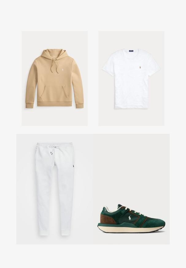 Beige pullover hoodie met voorvak met kangoeroezak, verstelbare trekkoorden en klein wit geborduurd logo op de linkerborst.; Witte T-shirt met korte mouwen en ronde hals met klein geborduurd Polo Ralph Lauren-logo op de linkerborst en een blauw merklint binnenin de kraag.; Witte sweatpants van zacht materiaal, met een tailleband met trekkoord, zijzakken en ribgebreide manchetten. Klein logo op de dij.; Heren sneakers in donkergroen en bruine suede, met meshpanelen, witte veters en een rubberen zool. Kenmerkt een logo aan de zijkant.