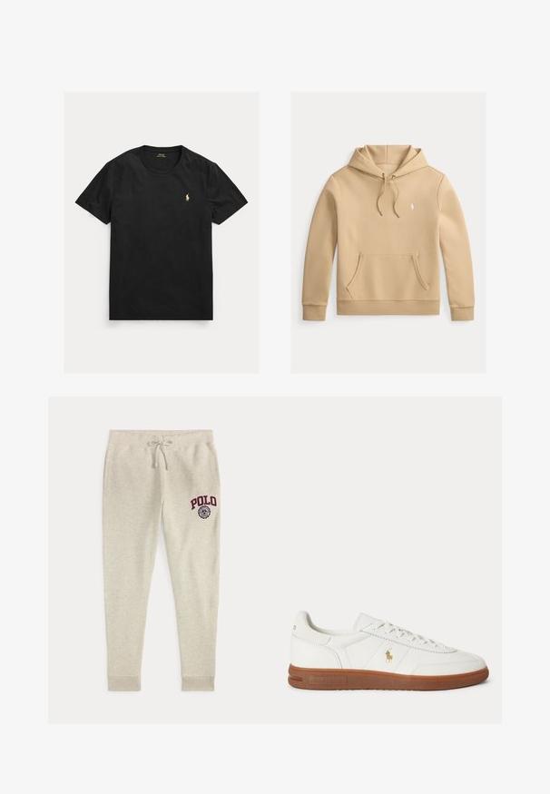 Beige pullover hoodie met voorvak met kangoeroezak, verstelbare trekkoorden en klein wit geborduurd logo op de linkerborst.; Zwart T-shirt met korte mouwen en ronde hals met klein geel Polo Ralph Lauren-logo op de linkerborst.; Beige joggingbroek met trekkoord, zijzakken en rood "POLO"-logo en embleem op de bovenste linker dij.; Witte lage sneaker met bruine zool, veters aan de voorkant en klein gouden Polo Ralph Lauren-logo aan de zijkant.