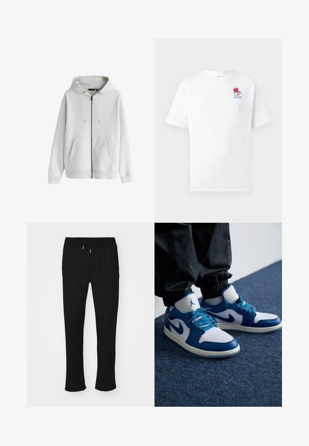 Lys grå hættetrøje med lynlås, forlommer og justerbar snøre i hætten, vist på en hvid baggrund.; Hvid bomulds t-shirt med korte ærmer, rund hals og en farverig grafik af en rose og tekst på venstre brystområde.; Sorte joggingbukser lavet af blødt stof, med elastisk talje og snor, slids ved kanten og subtil mønstret struktur.; Nike Air Jordan sneakers har en hvid læderbase med blå syntetiske detaljer, en perforeret tåboks og blå snørebånd.