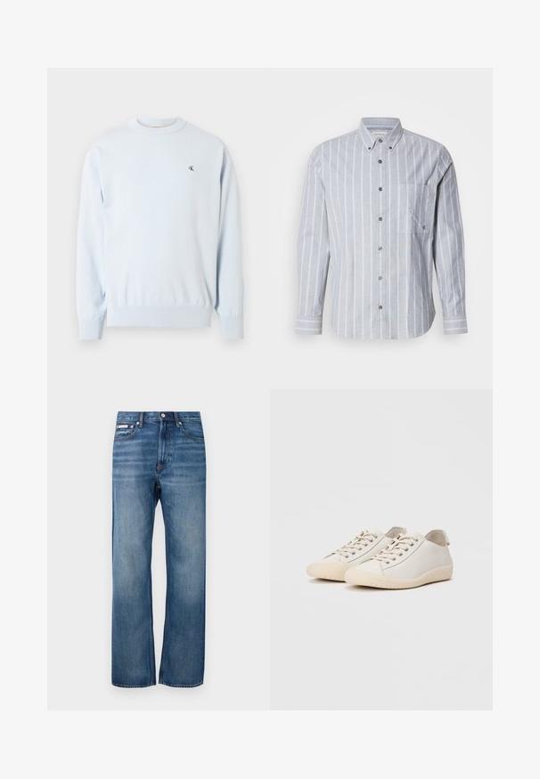 Hellblauer Langarm-Pullover mit Rundhalsausschnitt, gerippten Bündchen und Saum, mit kleinem schwarzem "CK"-Logo auf der linken Brust.; Himmelblau gestreiftes Langarmhemd mit Button-Down-Kragen, Brusttasche und strukturiertem Stoff. Verfügt über kontrastierende weiße vertikale Streifen.; Blaue gerade Denim-Jeans mit leichter Ausbleichung, vorderem Knopfverschluss und einem kleinen Logotag auf der rechten Vordertasche.; Weiße Sneaker aus glattem Leder mit tonalem Nähten, Schnürverschluss, runder Zehenpartie und einer strukturierten Gummisohle.