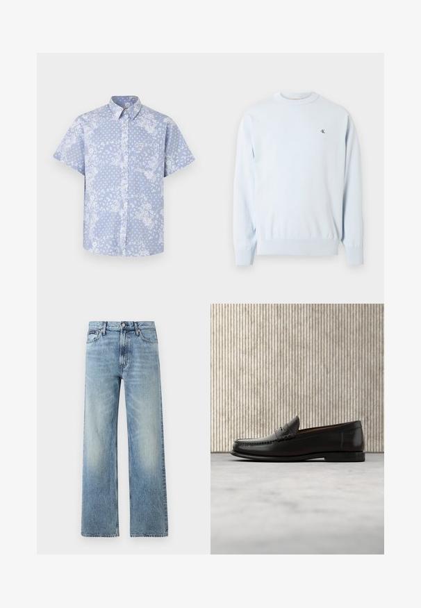 Suéter azul claro de manga larga con cuello redondo, puños y dobladillo acanalados, con un pequeño logo negro "CK" en el pecho izquierdo.; Camisa de botones de manga corta en tela azul clara, con un patrón floral blanco y un bolsillo en el pecho con una etiqueta de logo.; Vaqueros de mezclilla azul claro de corte recto con cintura alta, cinco bolsillos, cierre de botón y sutil desgaste en los muslos y las rodillas.; Mocasín penny de cuero negro con tacón bajo, punta redondeada y detalles cosidos en la parte delantera y los laterales, mostrado sobre un fondo neutro.