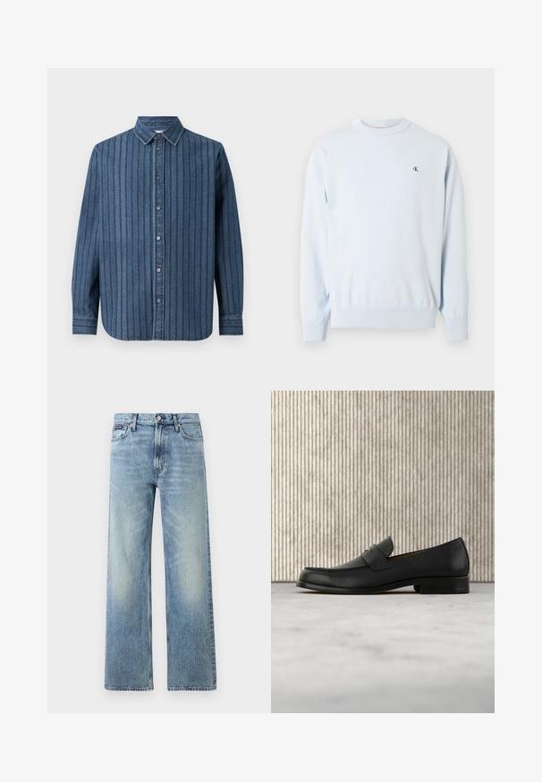 Pull à manches longues bleu clair avec col ras du cou, poignets et ourlet côtelés, arborant un petit logo noir "CK" sur le côté gauche de la poitrine.; Samsøe Samsøe SADAMON SHIRT - Chemise - denim; Jean droit en denim bleu clair avec taille haute, cinq poches, fermeture à boutons et léger délavage sur les cuisses et les genoux.; Mocassin en cuir noir flottant au-dessus d'un tapis beige avec une table ronde brune brillante en arrière-plan.