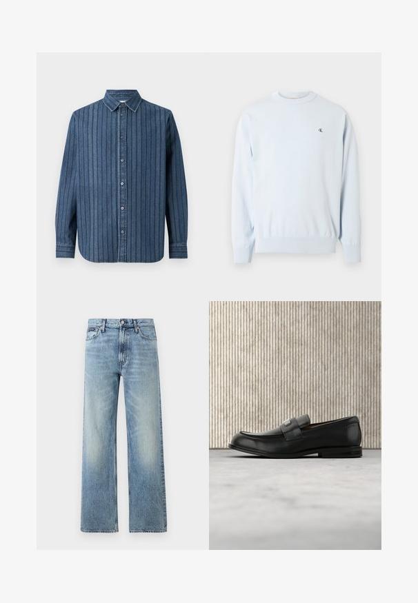helehele sinine pikkade varrukatega ümar-kaelusega kampsun, millel on soonikkoes varrukaservad ja alläär ning vasakul rinnal väike must "CK" logo.; Samsøe Samsøe SADAMON SHIRT - Pluus - denim; Hele sinise värviga sirge säärega teksapüksid kõrge vöökohaga, viie taskuga, nööpidega kinnitatavad ja õrnade plekidega reite ja põlvede piirkonnas.; Mustast nahast loafer metallist brändiplaadiga, mis asub pruunist ümarast lauast lähedal beežil vaibaga kaetud põrandal.