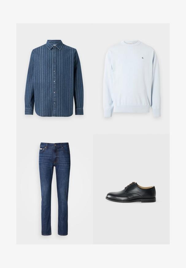 Lichtblauwe trui met lange mouwen en ronde hals, met geribbelde manchetten en zoom, met een klein zwart "CK"-logo op de linkerborst.; Samsøe Samsøe SADAMON SHIRT - Overhemd - denim; Donkerblauwe denim jeans met rechte snit, ontwerp met vijf zakken, knoopsluiting en subtiele vervaagde details aan de voorkant.; Calvin Klein ESS DERBY - Veterschoenen - triple black