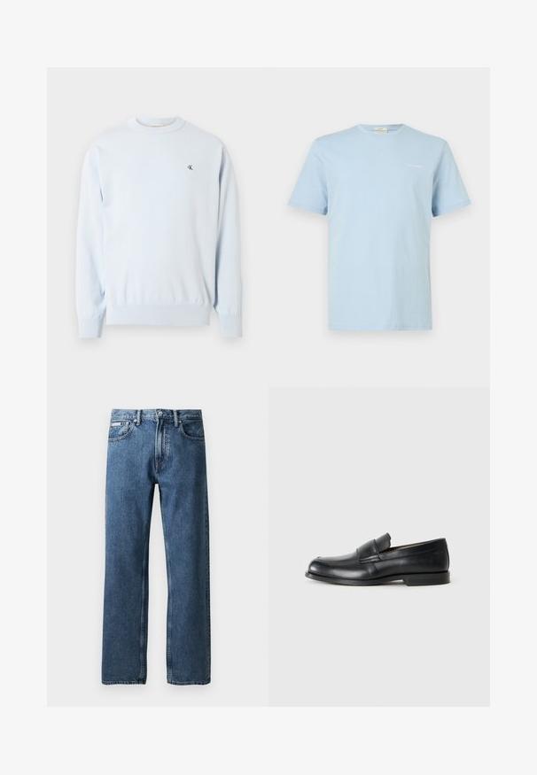 Lyseblå langærmet trøje med rund hals, ribstrikkede manchetter og kant, med en lille sort "CK"-logo på venstre bryst.; Lyseblå T-shirt med korte ærmer og rund hals, med lille hvid "Calvin Klein"-logo på venstre bryst.; Blå lige ben denim jeans med høj talje, knap- og lynlås lukning, forvaskede lommer og et lille hvidt mærke på den højre lomme.; Sorte læder loafers med rund tå, syet detaljer og en flad gummisål. Har en bred rem over vristen.
