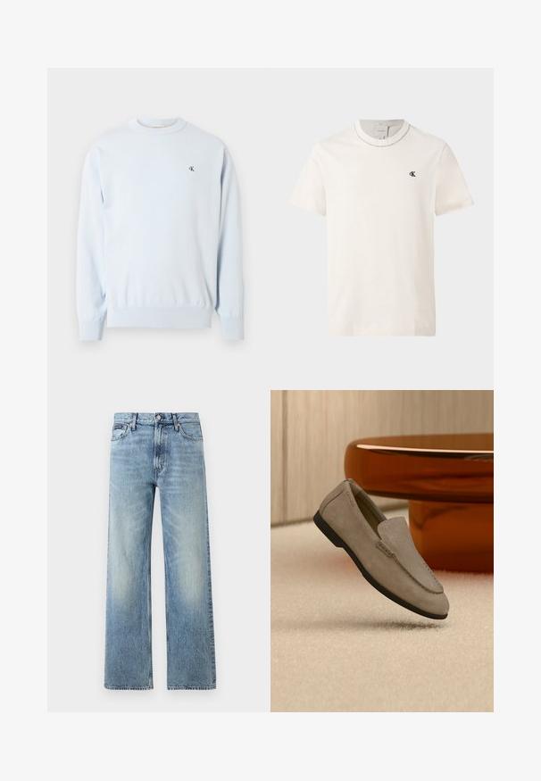 Pull à manches longues bleu clair avec col ras du cou, poignets et ourlet côtelés, arborant un petit logo noir "CK" sur le côté gauche de la poitrine.; T-shirt Calvin Klein à manches courtes couleur écru avec col rond et petit logo noir "cK" sur la poitrine gauche.; Jean droit en denim bleu clair avec taille haute, cinq poches, fermeture à boutons et léger délavage sur les cuisses et les genoux.; Mocassin en suède marron clair avec semelle noire, posé sur un tapis beige devant une table circulaire marron réfléchissante contre un mur en bois.