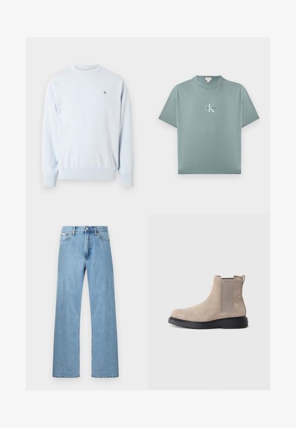 Pull à manches longues bleu clair avec col ras du cou, poignets et ourlet côtelés, arborant un petit logo noir "CK" sur le côté gauche de la poitrine.; T-shirt à manches courtes bleu sarcelle clair avec col rond, logo Calvin Klein centré en texte blanc et noir sur le devant.; Jean en denim bleu clair coupe droite à cinq poches avec fermeture à boutons à la taille, présenté sur un fond uni.; Bottine Chelsea en daim beige avec des panneaux élastiques sur les côtés, une languette de tirage et une semelle en caoutchouc noir. Design élégant avec un bout arrondi.