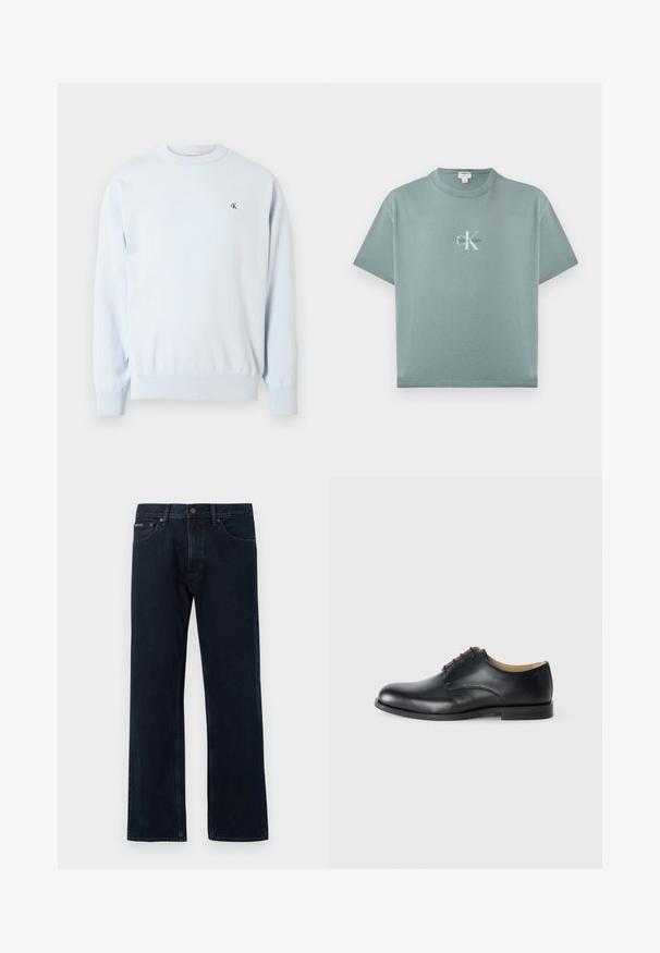 Pull à manches longues bleu clair avec col ras du cou, poignets et ourlet côtelés, arborant un petit logo noir "CK" sur le côté gauche de la poitrine.; T-shirt à manches courtes bleu sarcelle clair avec col rond, logo Calvin Klein centré en texte blanc et noir sur le devant.; Jean droit bleu foncé avec fermeture à bouton et zip à l'avant, poches avant, et passants pour ceinture.; Calvin Klein ESS DERBY - Derbies - triple black