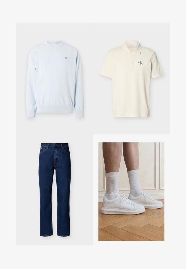 Lyseblå langærmet trøje med rund hals, ribstrikkede manchetter og kant, med en lille sort "CK"-logo på venstre bryst.; Kremfarvet polo i kortærmet med krave, tre knapper og en lille lilla "Calvin Klein"-logo på venstre bryst.; Mørkeblå jeans med lige ben lavet af denim, med et klassisk design med fem lommer, diskrete syninger og lukning foran med knapper.; Ben iført hvide ribstrikkede crew-sokker og hvide Karl Lagerfeld sneakers stående på lyst trægulv.