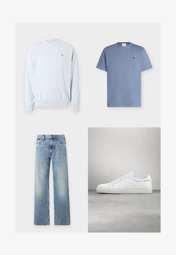 Lichtblauwe trui met lange mouwen en ronde hals, met geribbelde manchetten en zoom, met een klein zwart "CK"-logo op de linkerborst.; Lichtblauw katoenen T-shirt met korte mouwen, ronde hals en klein zwart "cK" logo op de linkerborst.; Lichtblauwe denim jeans met rechte pijpen, een hoge taille, vijf zakken, knoopsluiting en subtiele vervaging op de dijen en knieën.; Witte sneaker met een gladlederen bovenwerk en een laag profiel. Voorzien van een ronde neus, zes vetergaatjes en een gestructureerde rubberen zool.