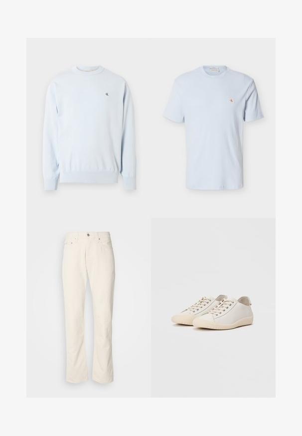 Hellblauer Langarm-Pullover mit Rundhalsausschnitt, gerippten Bündchen und Saum, mit kleinem schwarzem "CK"-Logo auf der linken Brust.; Hellblaues, kurzärmeliges Waffelstrick-T-Shirt mit Rundhalsausschnitt und kleinem rotem "CK"-Logo-Patch auf der linken Brust.; Beige Baumwolljeans mit klassischem geradem Bein, ausgestattet mit einem Frontknopfverschluss, fünf Taschen und dezenten Nähdetails.; Weiße Sneaker aus glattem Leder mit tonalem Nähten, Schnürverschluss, runder Zehenpartie und einer strukturierten Gummisohle.