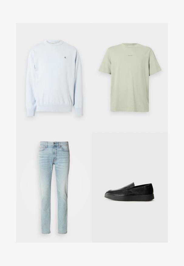 Pull à manches longues bleu clair avec col ras du cou, poignets et ourlet côtelés, arborant un petit logo noir "CK" sur le côté gauche de la poitrine.; T-shirt en coton vert clair avec un col rond, des manches courtes et un petit logo Calvin Klein imprimé en une teinte plus foncée sur la poitrine.; Jeans en denim bleu clair, avec une coupe droite, taille mi-haute et un léger délavage. Comprend cinq poches et un bouton en métal.; Calvin Klein HYBRID CUP - Chaussons - triple black