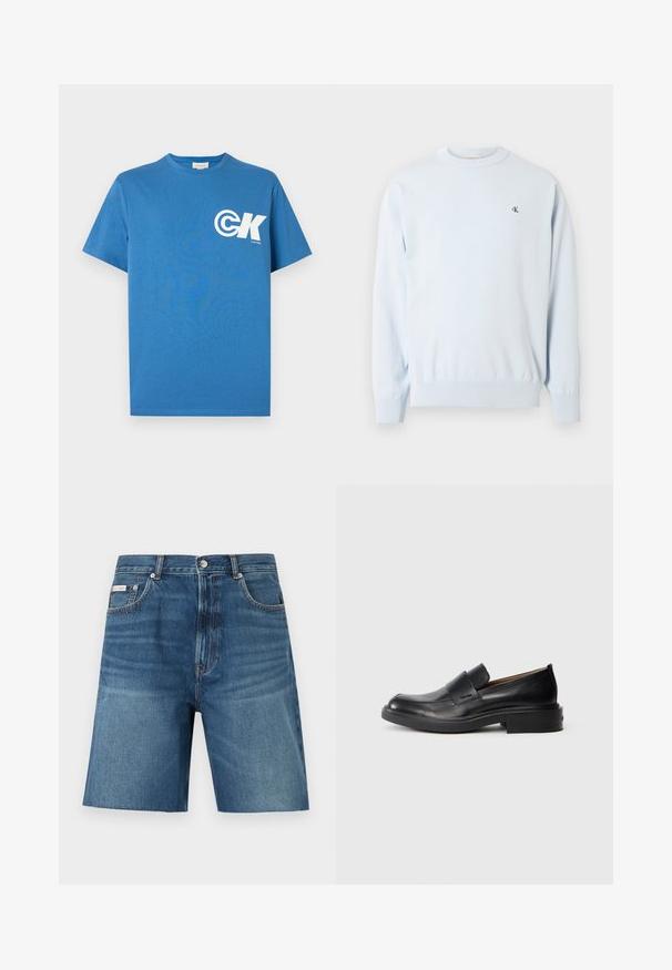 Svetlomodrý sveter s dlhým rukávom a okrúhlym výstrihom, s rebrovanými manžetami a lemom, s malým čiernym logom "CK" na ľavej strane hrudníka.; Modré bavlnené tričko s krátkymi rukávmi a okrúhlym výstrihom, na ľavej strane hrudníka s bielym logom "CK". Hladká textúra, pravidelný strih.; Muž stojaci pred bielym pozadím, oblečený v modrých džínových šortkách po kolená s neupraveným lemom, bielom tričku, tmavých ponožkách a čierno-bielych mokasínach.; Čierne kožené slip-on formálne topánky s nízkym podpätkom a diskrétnym logom Calvin Klein na boku, zobrazené v profilu na bielom pozadí.