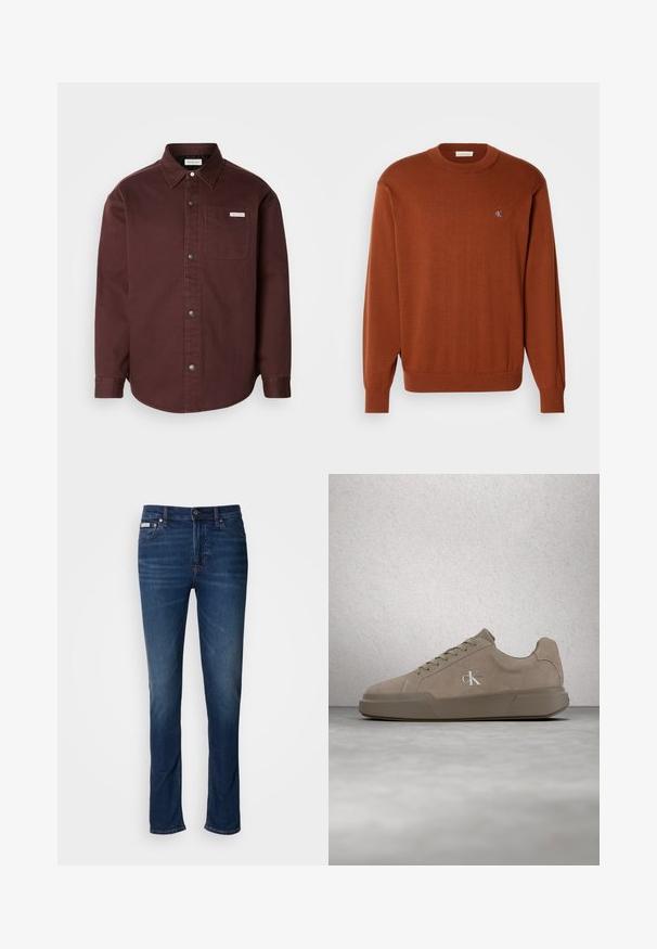 Pull rasé en tricot fin de couleur rouille, avec des poignets et un ourlet côtelés, orné d'un petit logo bleu sur la poitrine. Texture douce.; Chemise boutonnée bordeaux en tissu coton, avec un col, des manches longues, une poche poitrine et une étiquette logo discrète sur la poche.; Jean en denim bleu foncé avec une coupe droite, présentant une fermeture à bouton, cinq poches et un léger délavage sur les cuisses pour un effet texturé.; Baskets en daim beige avec lacets et logo "ck", présentées en suspension au-dessus d'un sol en béton poli avec un mur en blocs de verre en arrière-plan.