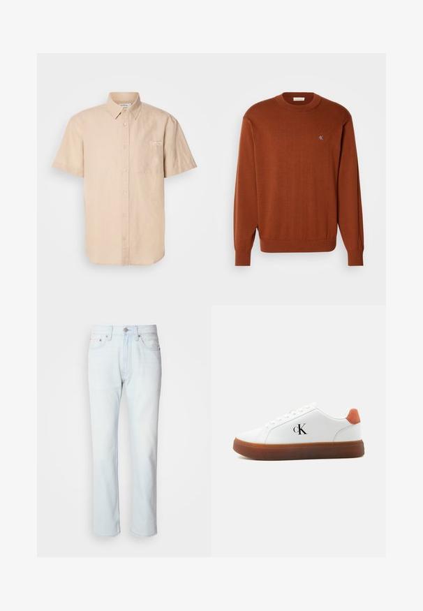 Rostfarbener Rundhalsausschnitt-Pullover aus feinem Strick mit gerippten Bündchen und Saum, versehen mit einem kleinen blauen Logo auf der Brust. Weiche Textur.; Beige Kurzarmhemd aus Baumwolle mit einer Vorderentasche und einem kleinen Logo-Patch auf der linken Seite.; Hellblaue Jeans mit geradem Bein. Verfügt über einen Knopfverschluss und Gürtelschlaufen, präsentiert eine ausgebleichte Textur und minimale Nähte.; Weißer Sneaker mit brauner Sohle, orangefarbenem Fersenlasche, Schnürsenkeln und "cK"-Logo an der Seite.