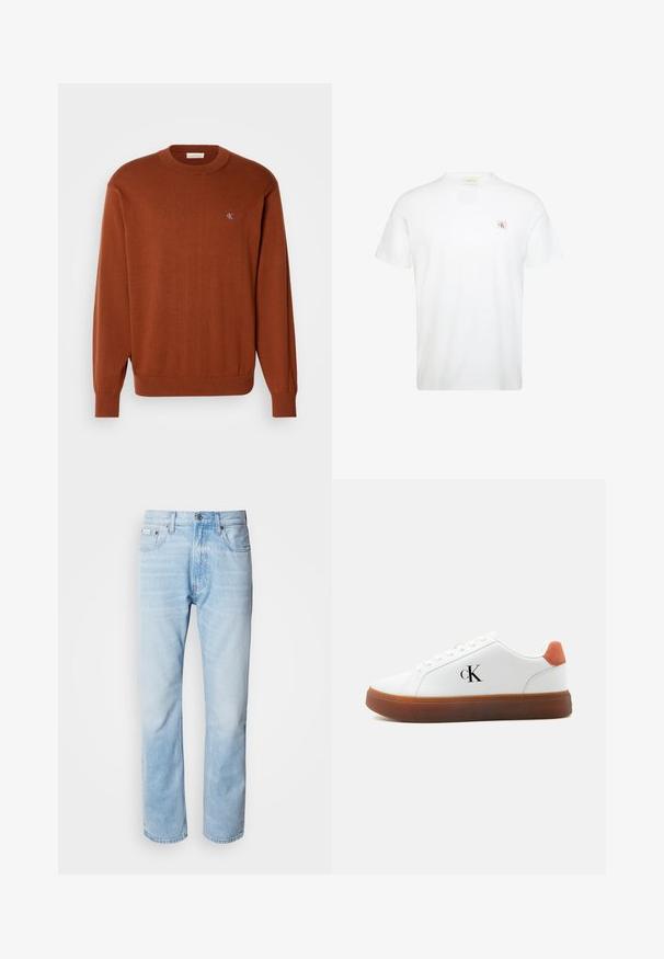 Roestkleurige trui met ronde hals in fijne brei, met ribbelboorden en -zoom, en een klein blauw logo op de borst. Zachte textuur.; Witte T-shirt met korte mouwen en ronde hals met een klein rood-zwart Calvin Klein logo patch op de linkerborst.; Lichtblauwe denim jeans met een rechte pijp, met vervaagde delen, vijf-pocket ontwerp en een klassieke knoopsluiting.; Witte lage sneaker met bruine zool, oranje hieltab, veters en "cK" logo aan de zijkant.