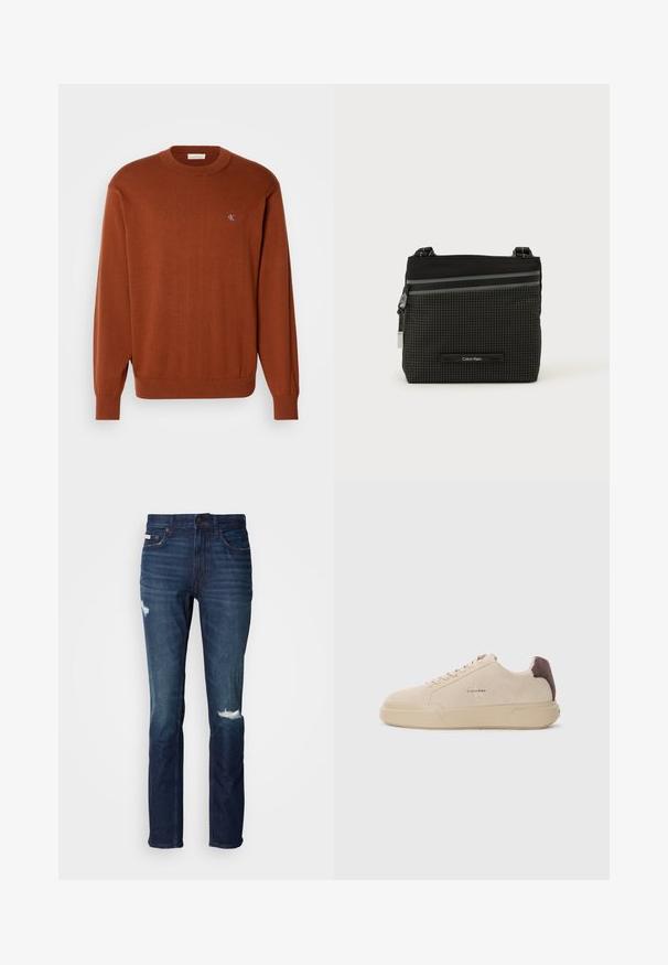Rostfarbener Rundhalsausschnitt-Pullover aus feinem Strick mit gerippten Bündchen und Saum, versehen mit einem kleinen blauen Logo auf der Brust. Weiche Textur.; Dunkelblaue Denim-Jeans mit schlanker Passform, die zwei abgeriebene Stellen auf der Vorderseite, robuste Nähte und ein klassisches Fünf-Taschen-Design aufweisen.; Beige Wildleder-Sneaker mit runder Spitze, Schnürung vorne und einem braunen Wildlederakzent an der Ferse. Verfügt über eine strukturierte Gummisohle.; Schwarze und graue Calvin Klein Umhängetasche mit Karomuster, Frontreißverschlusstasche und verstellbarem Riemen vor weißem Hintergrund.