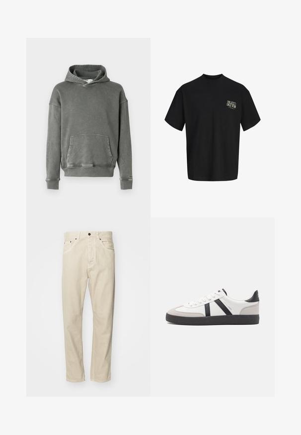 Sudadera gris hecha de una tela con una textura suave. Presenta un bolsillo frontal tipo canguro, puños anchos y una capucha ajustable con cordón.; Camiseta negra de manga corta con pequeño texto blanco ""Palazzo Delle Rose"" en el lado izquierdo del pecho; diseño sencillo, sin otras características visibles.; Pantalones de algodón beige con diseño de pierna recta, cinco bolsillos y acentos de metal. Textura suave con detalles de costura mínimos.; Zapatilla blanca con acentos en negro y gris, que presenta una puntera texturizada en gris, suela de goma negra y cordones planos blancos. Diseño limpio, estilo minimalista.