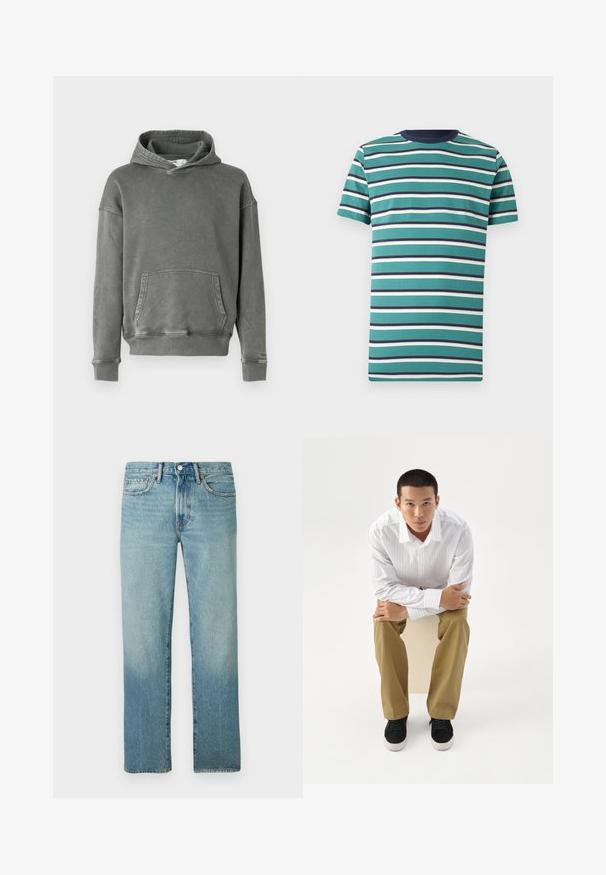 Grau Kapuzenpullover aus einem weichen Stoff. Verfügt über eine vordere Kängurutasche, breite Bündchen und eine verstellbare Kapuze mit Kordelzug.; Kurzärmeliges tealfarbenes T-Shirt mit horizontalen weißen und marineblauen Streifen und einem marineblauen Rundhalsausschnitt, dargestellt vor einem einfachen weißen Hintergrund.; Hellblaue Denim-Jeans mit geradem Schnitt, sichtbaren Nähten und einem verblassten Muster. Verfügt über einen Knopfverschluss und fünf Taschen.; Junger Mann in weiß gestreiftem Hemd und khakifarbener Hose sitzt nach vorne gelehnt auf einem Hocker mit verschränkten Armen und schaut direkt geradeaus vor weißem Hintergrund.