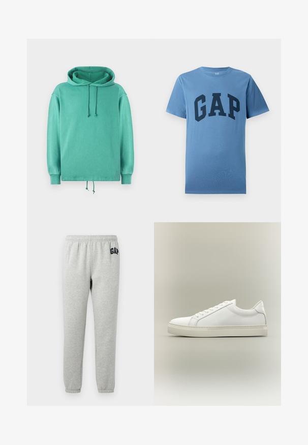 Mintgroene hoodie van zachte stof met een relaxte pasvorm, voorzien van een ruime halslijn, koordjes en geribde manchetten.; Blauwe T-shirt met korte mouwen en ronde hals, met grote donkerblauwe 'GAP' tekst gedrukt op de borst.; Grijze sweats met een elastische tailleband, cuffed enkels, en een marineblauwe "GAP" logo op de linker boven dij. Zachte, katoenen stofmix.; Witte lage sneaker met veters aan de voorkant en dikke zool, zijaanzicht tegen een neutrale achtergrond.