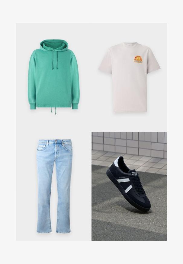 Mintgrøn hoodie lavet af blødt stof med en afslappet pasform, der har en rummelig halsudskæring, snore og ribbede ærmer.; Lysegrå bomulds T-shirt med rund hals, der har et farverigt "Lone Château Replay" grafik i orange og blå på brystet.; Lyseblå denimjeans har en lige ben-design, fem lomme-styling og en knaplukning. Stoffet har en glat tekstur med falmede accenter.; Sort lædersneaker med hvide striber, tekstureret gummisål og snørrebånd foran. Har et brandet mærke på tungen.