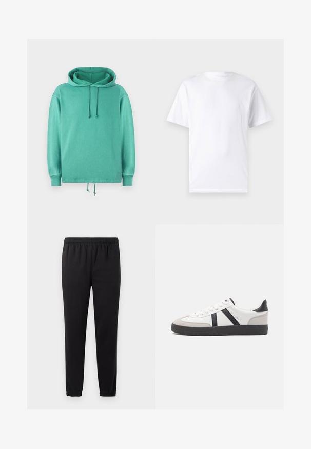 Hoodie vert menthe en tissu doux avec une coupe décontractée, doté d'un col large, de cordons de serrage et de poignets côtelés.; T-shirt blanc à manches courtes en coton avec un col rond, présentant une texture lisse et un design simple, sans motifs ni accents.; Pantalons de survêtement noirs avec taille élastique, jambes fuselées et tissu texturé. Présente un détail de logo subtil sur le côté gauche.; Baskets blanches avec des accents noirs et gris, présentant un embout texturé gris, une semelle en caoutchouc noir et des lacets plats blancs. Design épuré, style minimaliste.