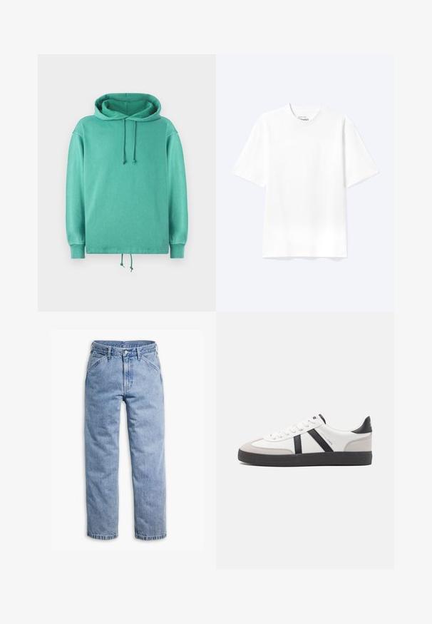 Sudadera verde menta hecha de tela suave con un ajuste relajado, que presenta un escote amplio, cordones y puños acanalados.; Camiseta lisa blanca de manga corta y cuello redondo con un corte relajado, mostrada sobre un fondo claro.; Vaqueros de mezclilla azul claro de pierna recta con cierre frontal de botón y cremallera, trabillas para cinturón y bolsillos delanteros inclinados.; Zapatilla blanca con acentos en negro y gris, que presenta una puntera texturizada en gris, suela de goma negra y cordones planos blancos. Diseño limpio, estilo minimalista.