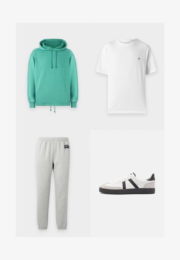 Mintgrüner Hoodie aus weichem Stoff mit lockerer Passform, weitem Ausschnitt, Kordelzügen und gerippten Bündchen.; Weißes Baumwoll-T-Shirt mit rundem Halsausschnitt, kurzen Ärmeln und einem kleinen schwarzen Logo auf der Brust. Weicher Stoff, lässige Passform.; Graue Jogginghose mit elastischem Bund, abgeklebten Knöcheln und einem dunkelblauen "GAP"-Logo auf dem linken Oberschenkel. Weicher Baumwollmischstoff.; Weiße Sneaker mit schwarz- und grau-aczenten, ausgestattet mit einer strukturierten grauen Zehenkappe, schwarzer Gummi-Sohle und flachen weißen Schnürsenkeln. Sauberes Design, minimalistische Stil.