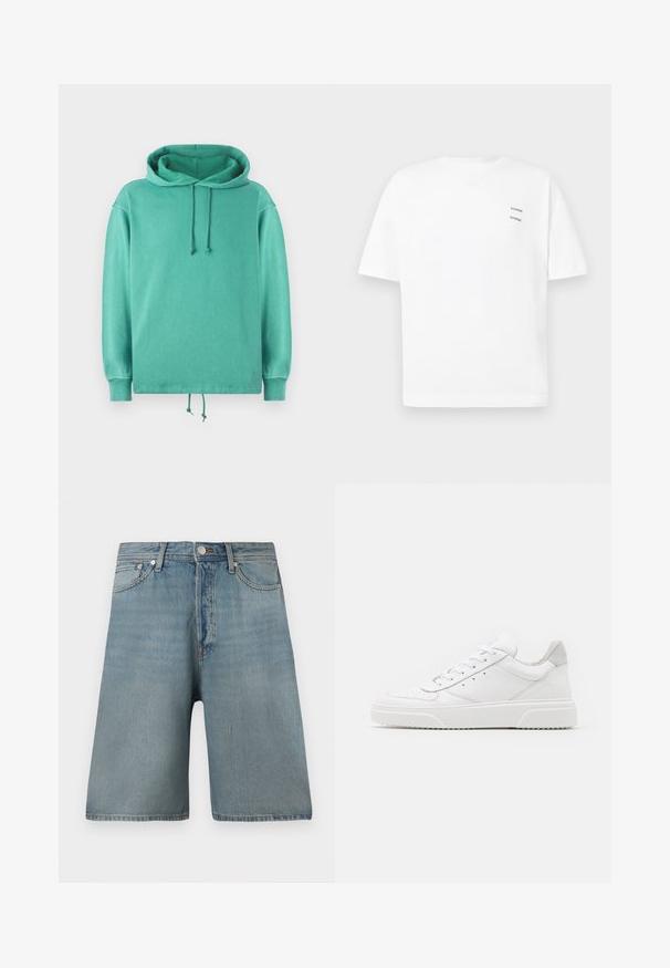 Mintgrüner Hoodie aus weichem Stoff mit lockerer Passform, weitem Ausschnitt, Kordelzügen und gerippten Bündchen.; Weißes Baumwoll-T-Shirt mit lässiger Passform, kurzen Ärmeln und V-Ausschnitt. Verfügt über zwei kleine schwarze gedruckte Logos auf der linken Seite.; Helleblaue Denim-Shorts mit lockerer Passform, fünf Taschen und traditionellem Knopfverschluss, mit verblassten Stellen für ein abgetragenes Aussehen.; Weiße Leder-Sneaker mit glatter Oberfläche, rundem Zehenbereich, flachen Schnürsenkeln und strukturiertem Schuhsohlen. Graues Wildleder-Detail an der Ferse.